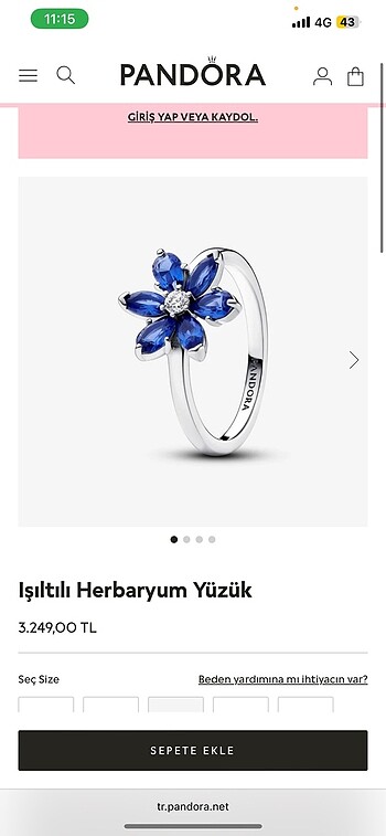 Pandora çiçek yüzük / herbaryum yüzük