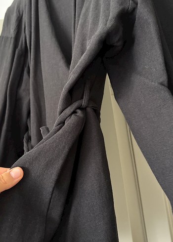 Düğmeli Siyah Midi Hamile Keten Ceket standart beden - Görsel 3