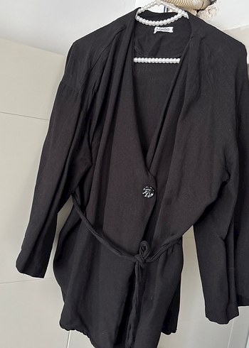 Düğmeli Siyah Midi Hamile Keten Ceket standart beden - Görsel 4