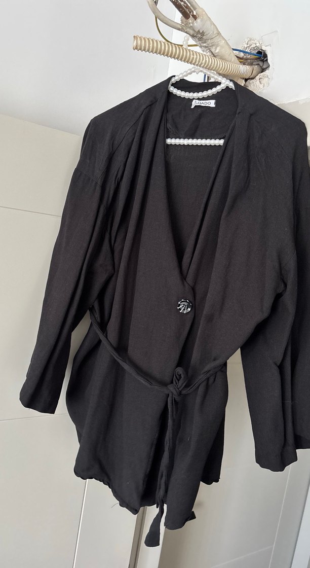 Düğmeli Siyah Midi Hamile Keten Ceket standart beden - Görsel 4