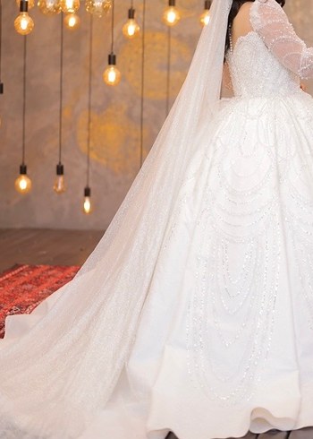 İnci İşlemeli Uzun Kollu Straplez Gelinlik özel dikim - Görsel 4