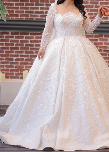 İnci İşlemeli Uzun Kollu Straplez Gelinlik özel dikim - Görsel 5