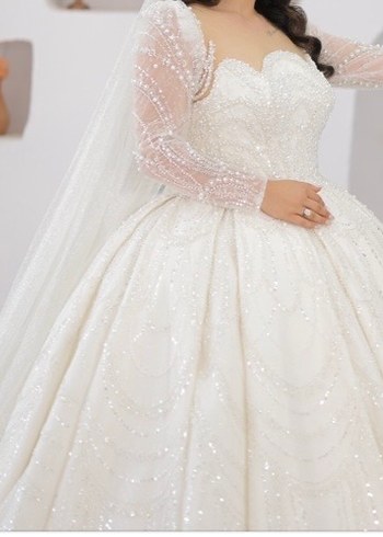 İnci İşlemeli Uzun Kollu Straplez Gelinlik özel dikim - Görsel 2