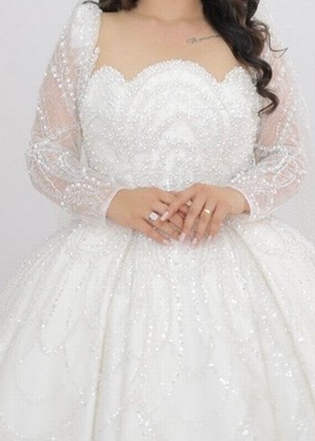 İnci İşlemeli Uzun Kollu Straplez Gelinlik özel dikim - Görsel 3