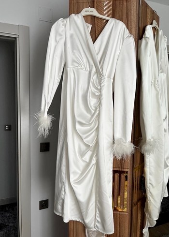 Beyaz Uzun Kollu Drapeli V Yaka Abiye Nikah elbisesi - Görsel 3