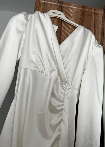 Beyaz Uzun Kollu Drapeli V Yaka Abiye Nikah elbisesi - Görsel 4