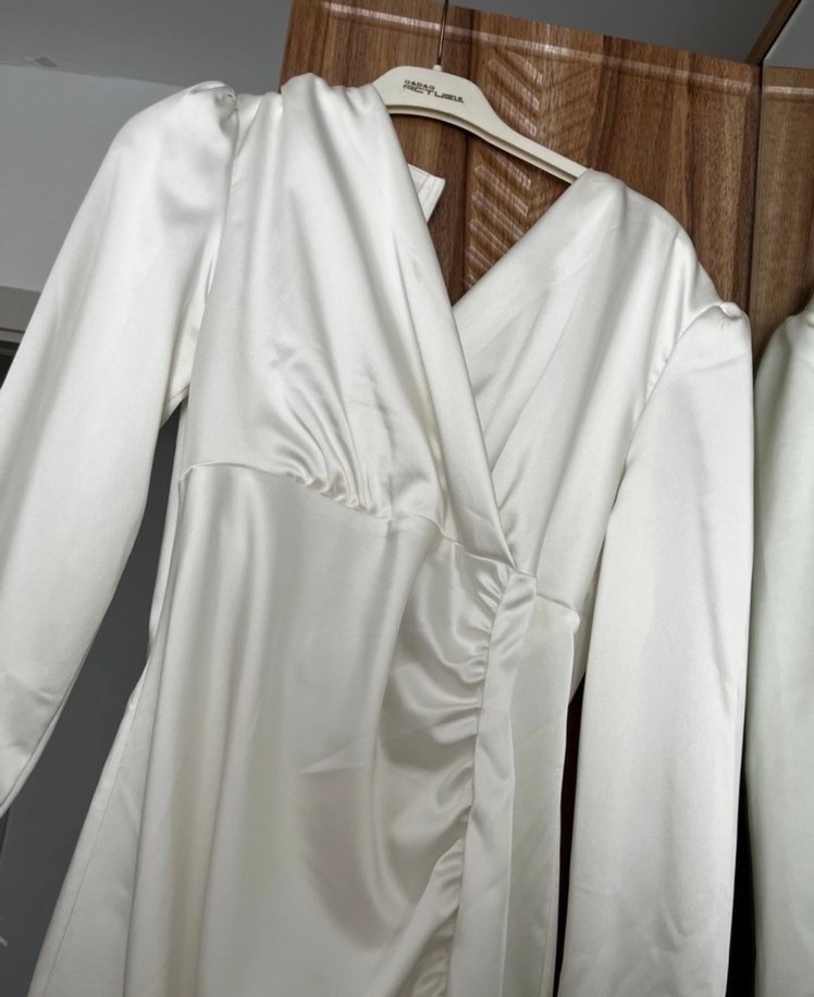 Beyaz Uzun Kollu Drapeli V Yaka Abiye Nikah elbisesi - Görsel 4