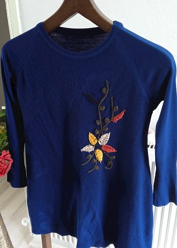 Nakışlı Mavi Bohem Kadın Triko Kazak - Görsel 6