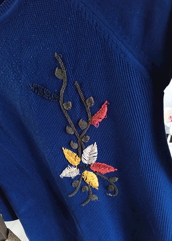 Nakışlı Mavi Bohem Kadın Triko Kazak - Görsel 4