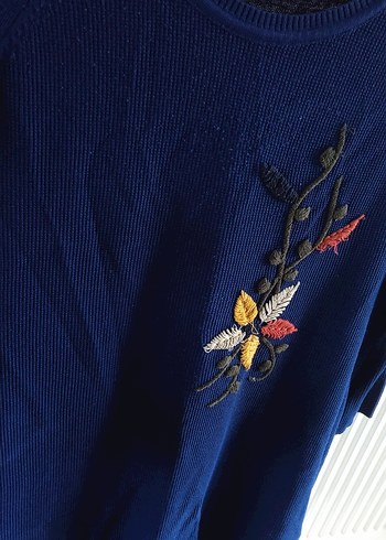 Nakışlı Mavi Bohem Kadın Triko Kazak - Görsel 3