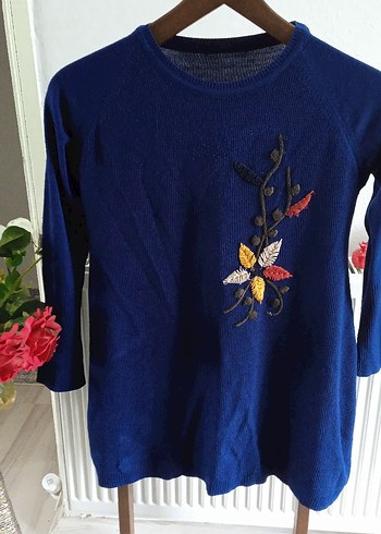 Nakışlı Mavi Bohem Kadın Triko Kazak - Görsel 2