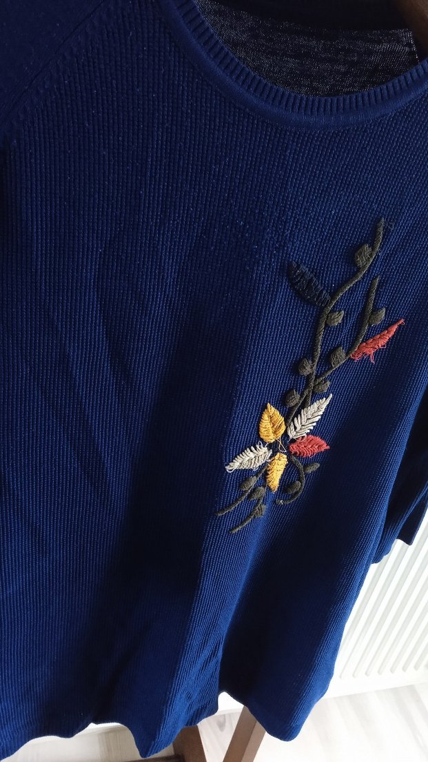 Nakışlı Mavi Bohem Kadın Triko Kazak - Görsel 3