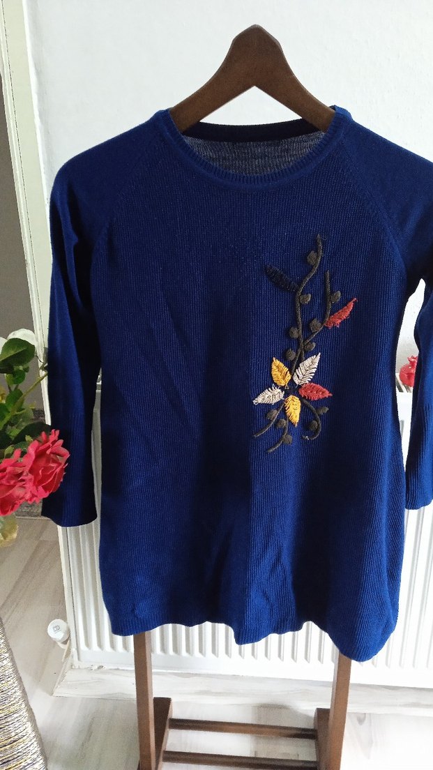 Nakışlı Mavi Bohem Kadın Triko Kazak - Görsel 2