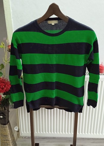 Kadın Yeşil Siyah Çizgili Triko Kazak - Görsel 2