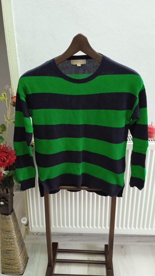 Kadın Yeşil Siyah Çizgili Triko Kazak - Görsel 2