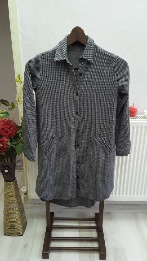 Gri Düğmeli Kadın Midi Gömlek - Görsel 2