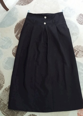 Düğmeli Siyah Uzun Keten Etek - Görsel 5