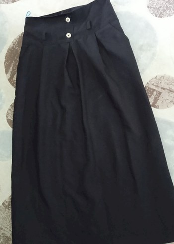 Düğmeli Siyah Uzun Keten Etek - Görsel 3