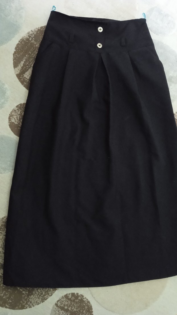 Düğmeli Siyah Uzun Keten Etek - Görsel 2