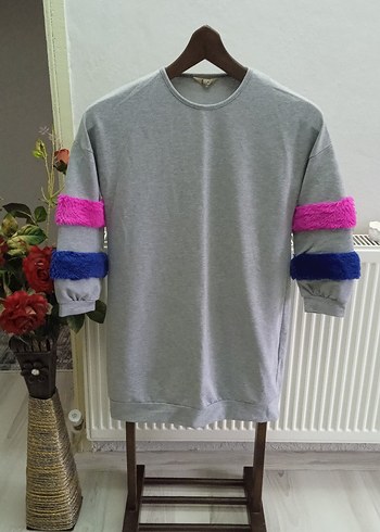 Kadın Gri Uzun Kollu Peluş Detaylı Sweatshirt - Görsel 5