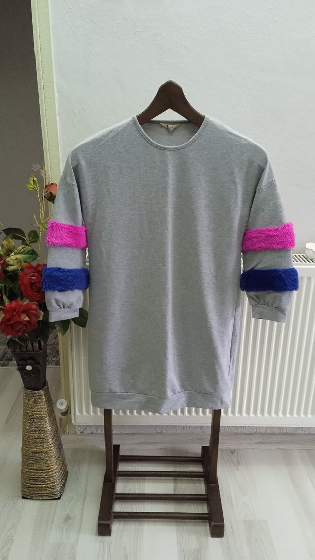 Kadın Gri Uzun Kollu Peluş Detaylı Sweatshirt - Görsel 5