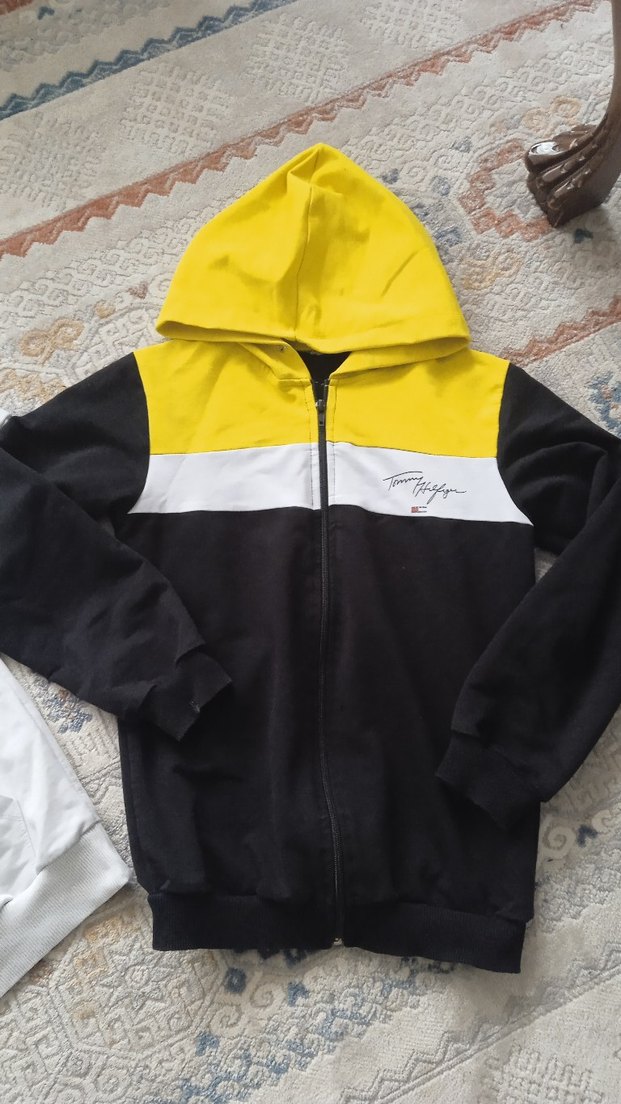 Sarı Siyah Kapüşonlu Fermuarlı Erkek Sweatshirt - Görsel 5