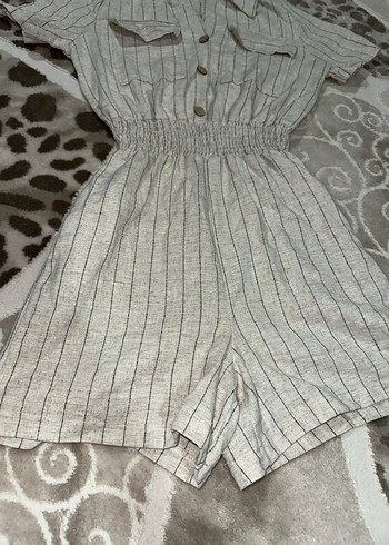 Bej Kısa Keten Tulum V Yaka Düğmeli - Görsel 5