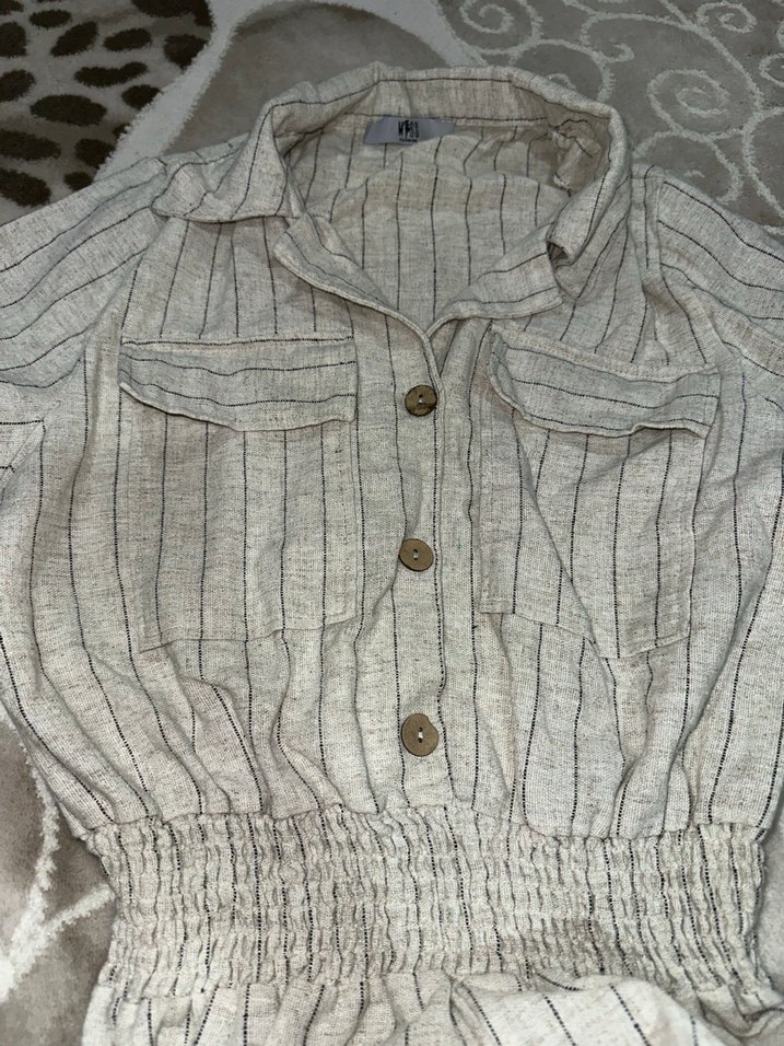 Bej Kısa Keten Tulum V Yaka Düğmeli - Görsel 4