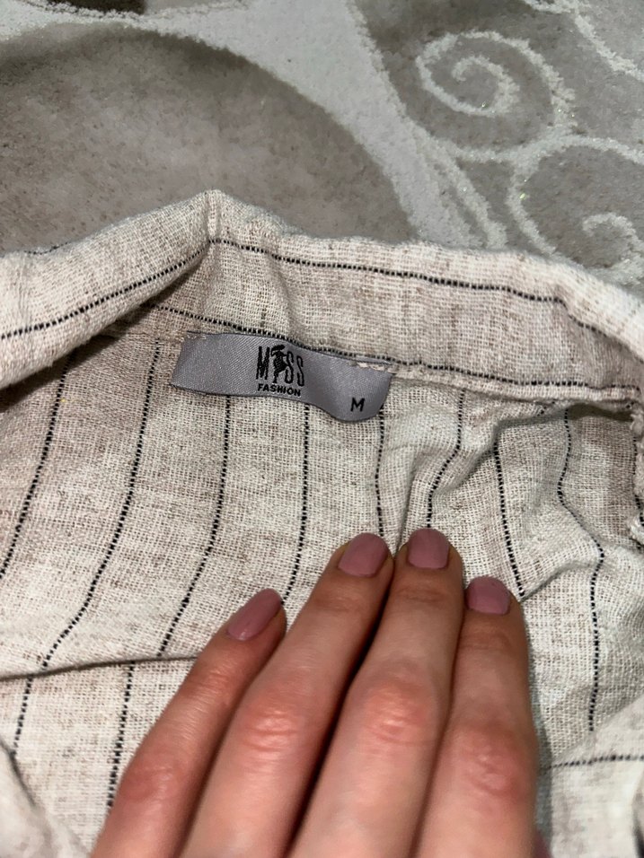 Bej Kısa Keten Tulum V Yaka Düğmeli - Görsel 3