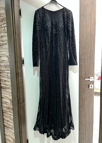 Siyah Uzun Kollu Drapeli Abiye Elbise - Görsel 10