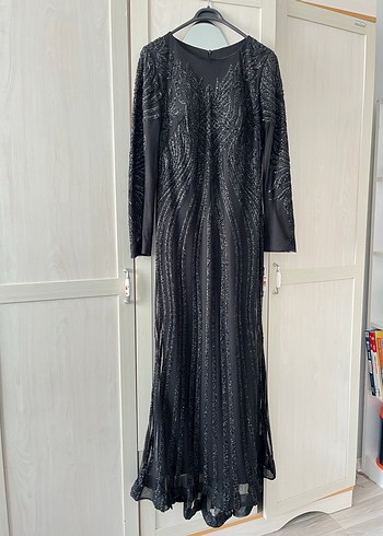 Siyah Uzun Kollu Drapeli Abiye Elbise - Görsel 11