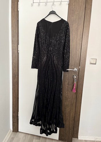 Siyah Uzun Kollu Drapeli Abiye Elbise - Görsel 6