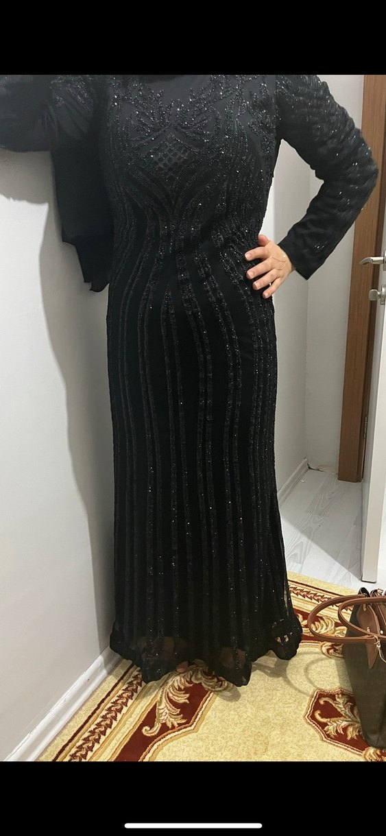 Siyah Uzun Kollu Drapeli Abiye Elbise - Görsel 3