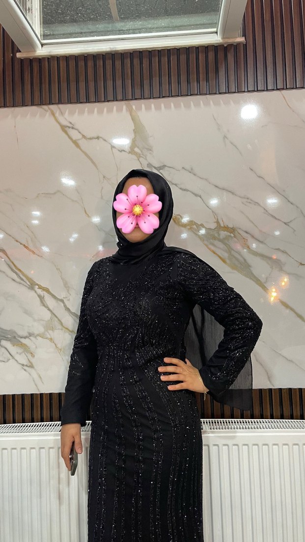 Siyah Uzun Kollu Drapeli Kadın Abiye Elbise - Görsel 2