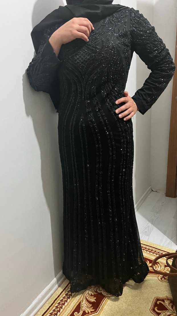 Siyah Uzun Kollu Drapeli Kadın Abiye Elbise - Görsel 3