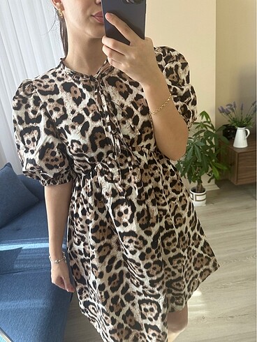 Zara leopar balon kol elbise
