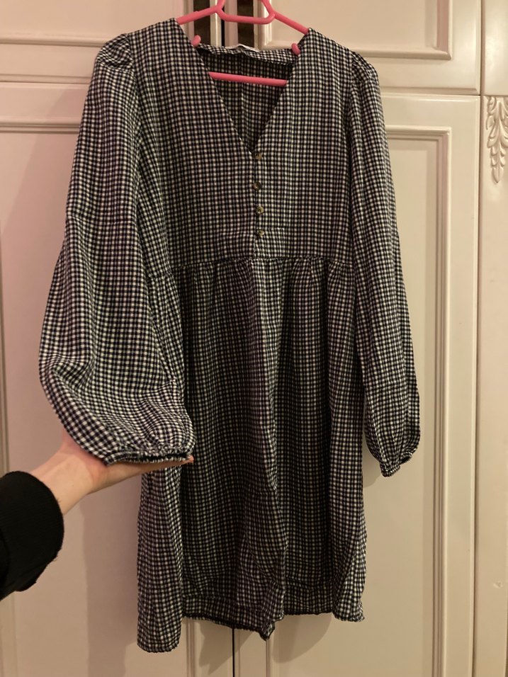 Düğmeli Kareli Kahverengi elbise - Görsel 2