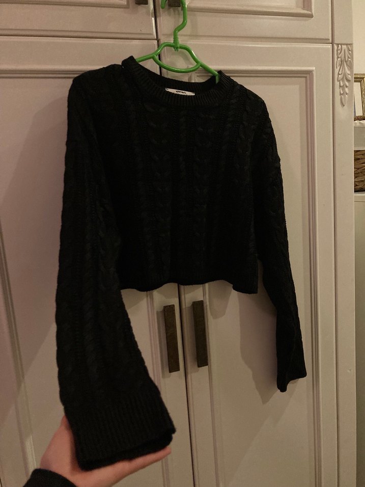 Siyah Örgü Kadın Kazak, Uzun Kollu, Salaş - Görsel 3