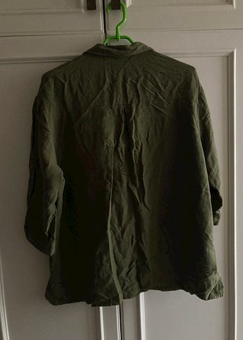 Kadın Haki Keten Düğmeli Uzun Kollu Gömlek - Görsel 4