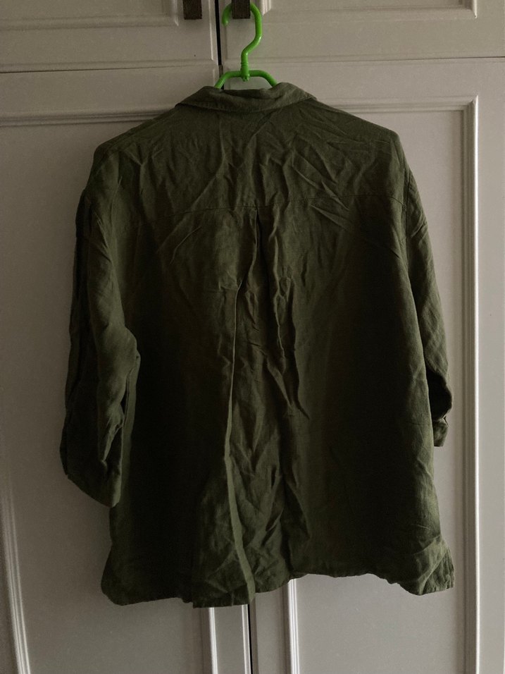 Kadın Haki Keten Düğmeli Uzun Kollu Gömlek - Görsel 4