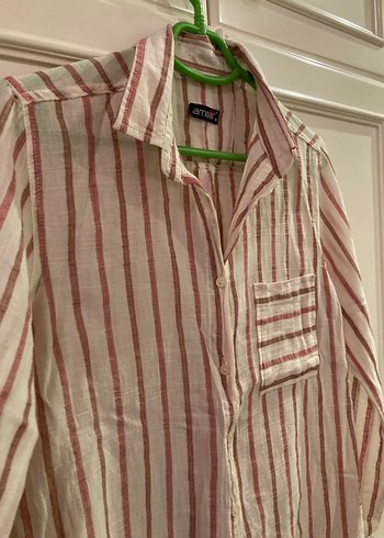 Pamuklu Çizgili Uzun Kollu Kadın Gömlek - Görsel 2