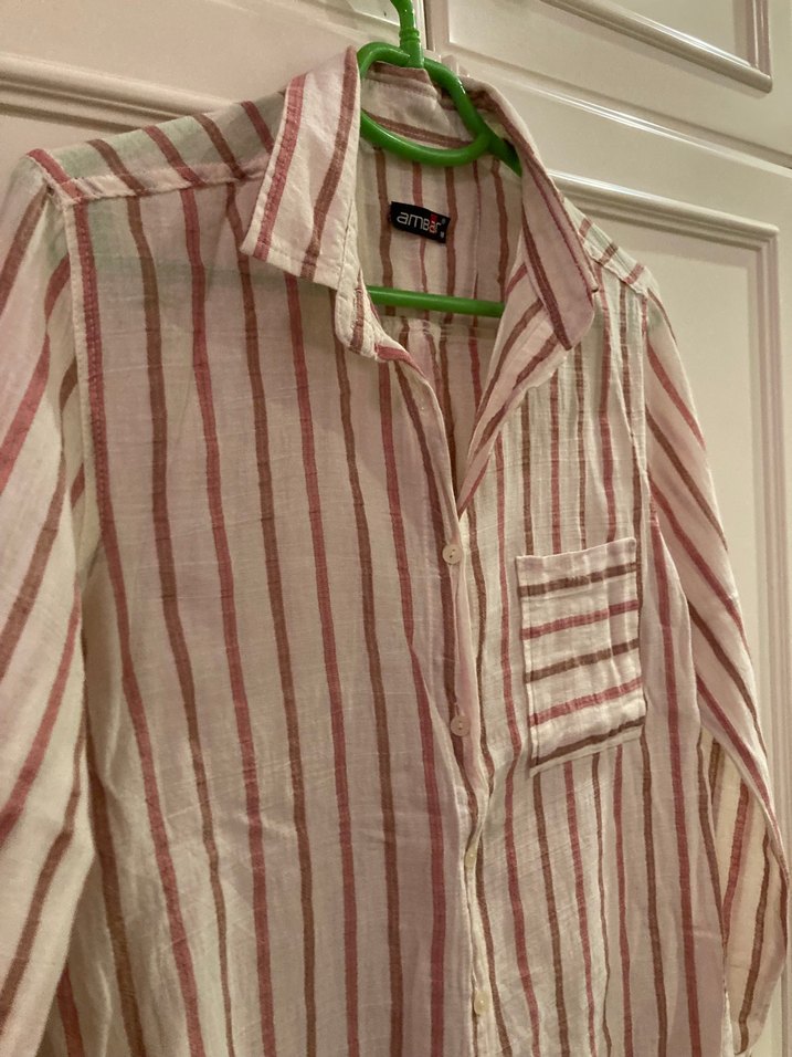 Pamuklu Çizgili Uzun Kollu Kadın Gömlek - Görsel 2