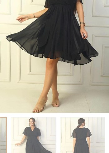 Siyah Transparan Kısa Kollu Uzun V Yaka Elbise - Görsel 6