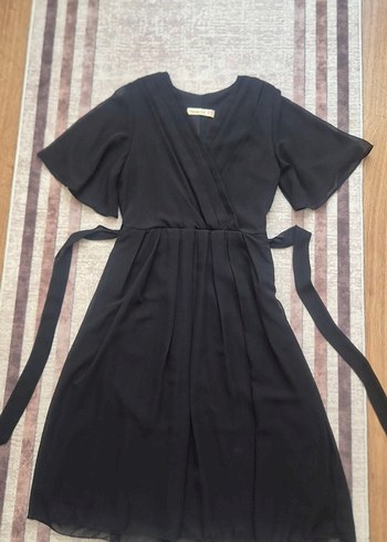 Siyah Transparan Kısa Kollu Uzun V Yaka Elbise - Görsel 7