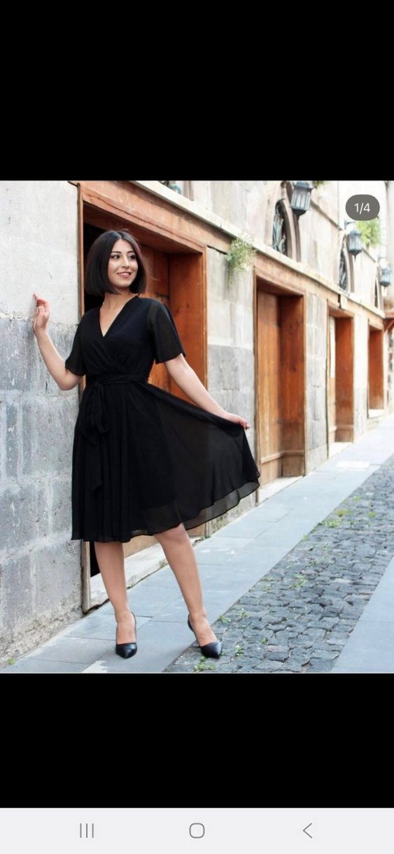 Siyah Transparan Kısa Kollu Uzun V Yaka Elbise - Görsel 2