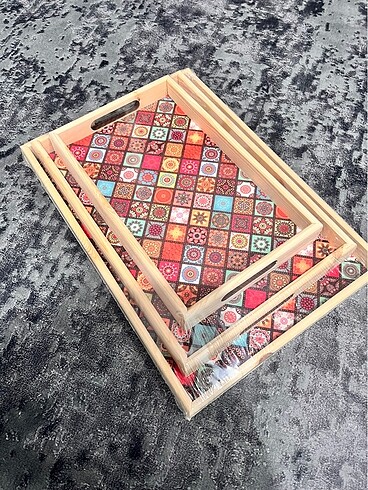 3 lü ahşap desenli tepsi