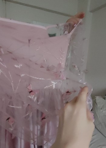 42 Beden tül kollu Pembe İpek Görünümlü Bohem Elbise