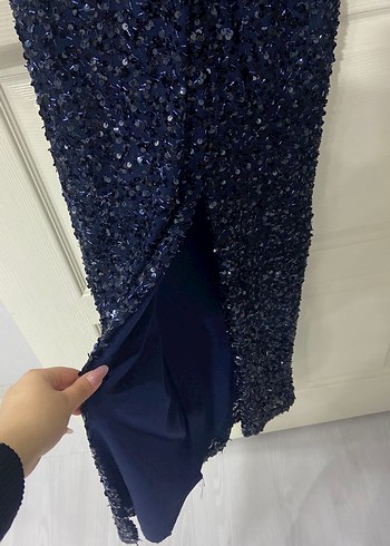 Boncuk İşlemeli Lacivert Uzun Abiye Elbise - Görsel 6