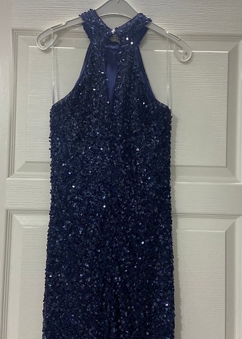 Boncuk İşlemeli Lacivert Uzun Abiye Elbise - Görsel 5