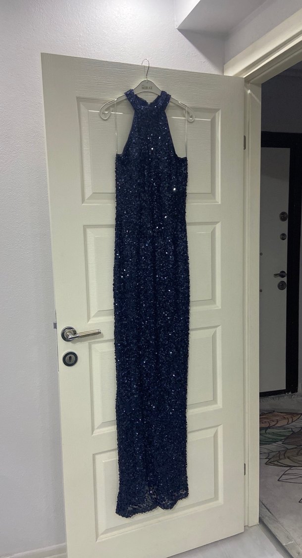 Boncuk İşlemeli Lacivert Uzun Abiye Elbise - Görsel 2